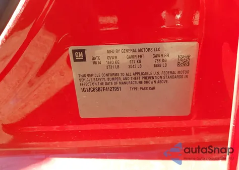 2015 Chevrolet Sonic Lt Auto z USA, uszkodzony, nr VIN 1G1JC6SB7F4127951